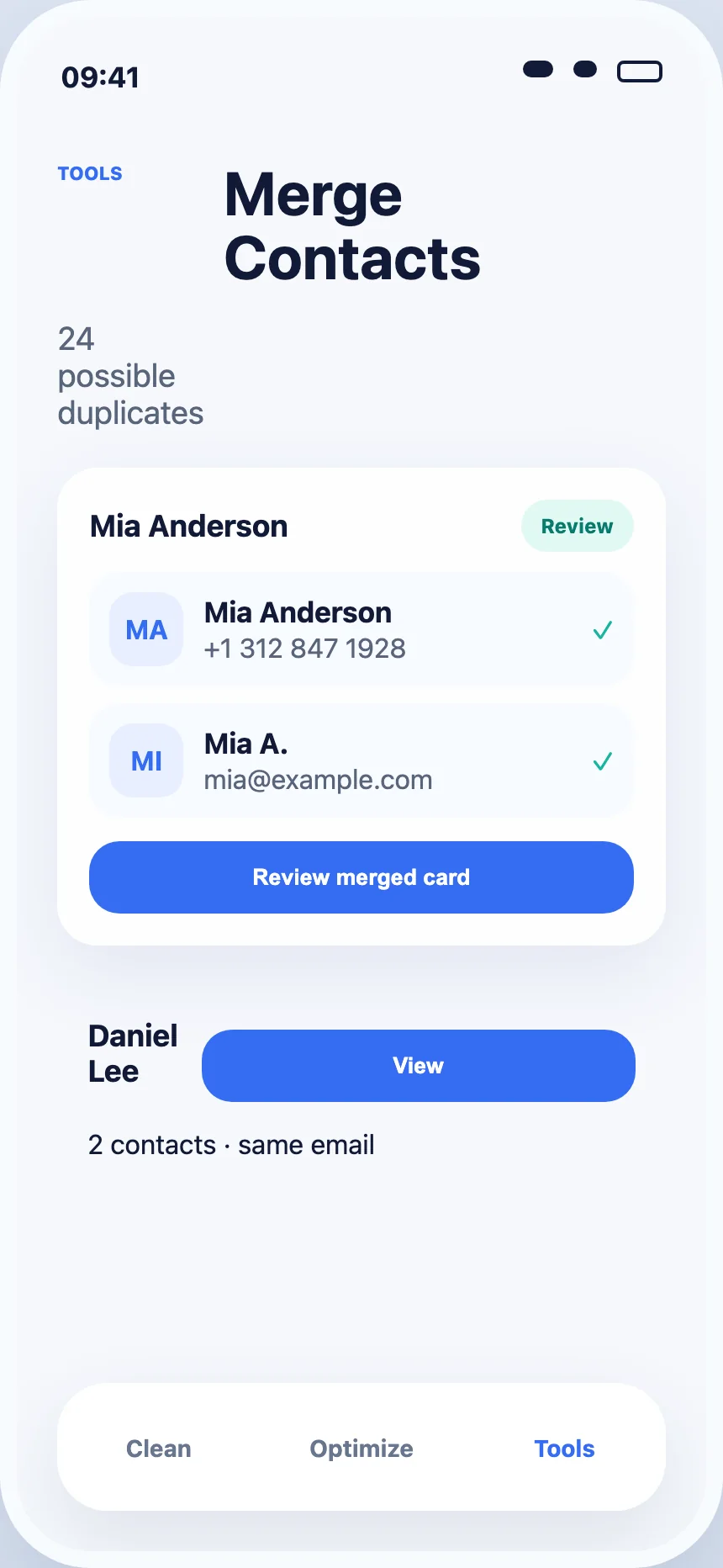 Duplicate contact review in Safli AI