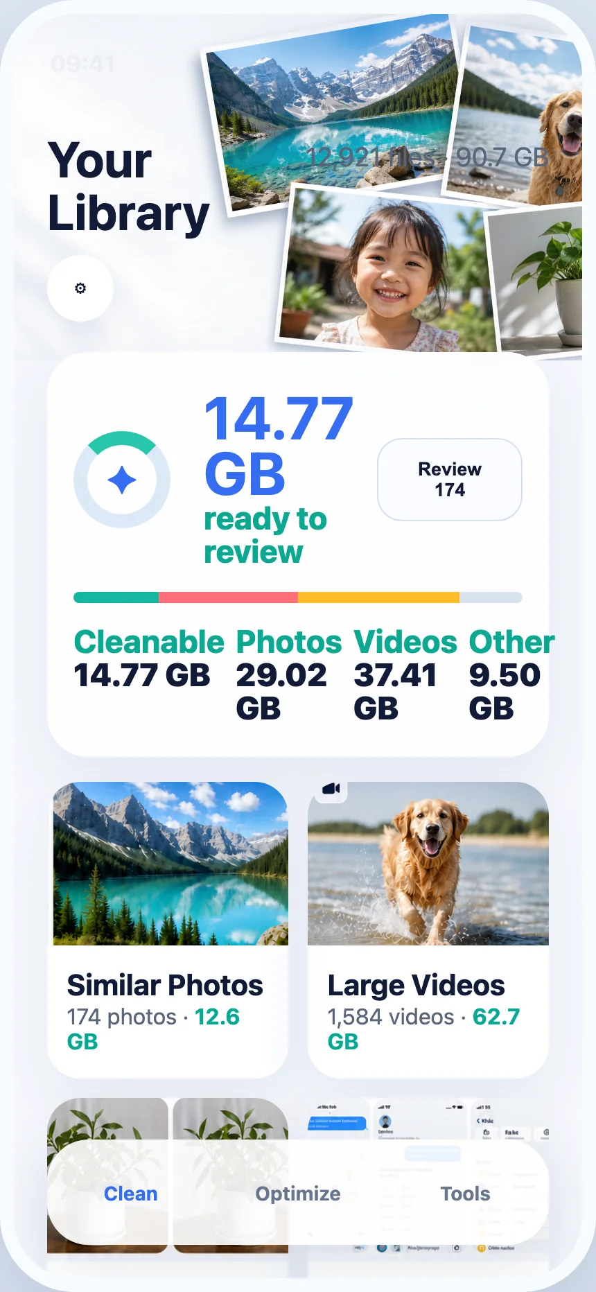 Safli AI storage dashboard showing photo and video categories in English