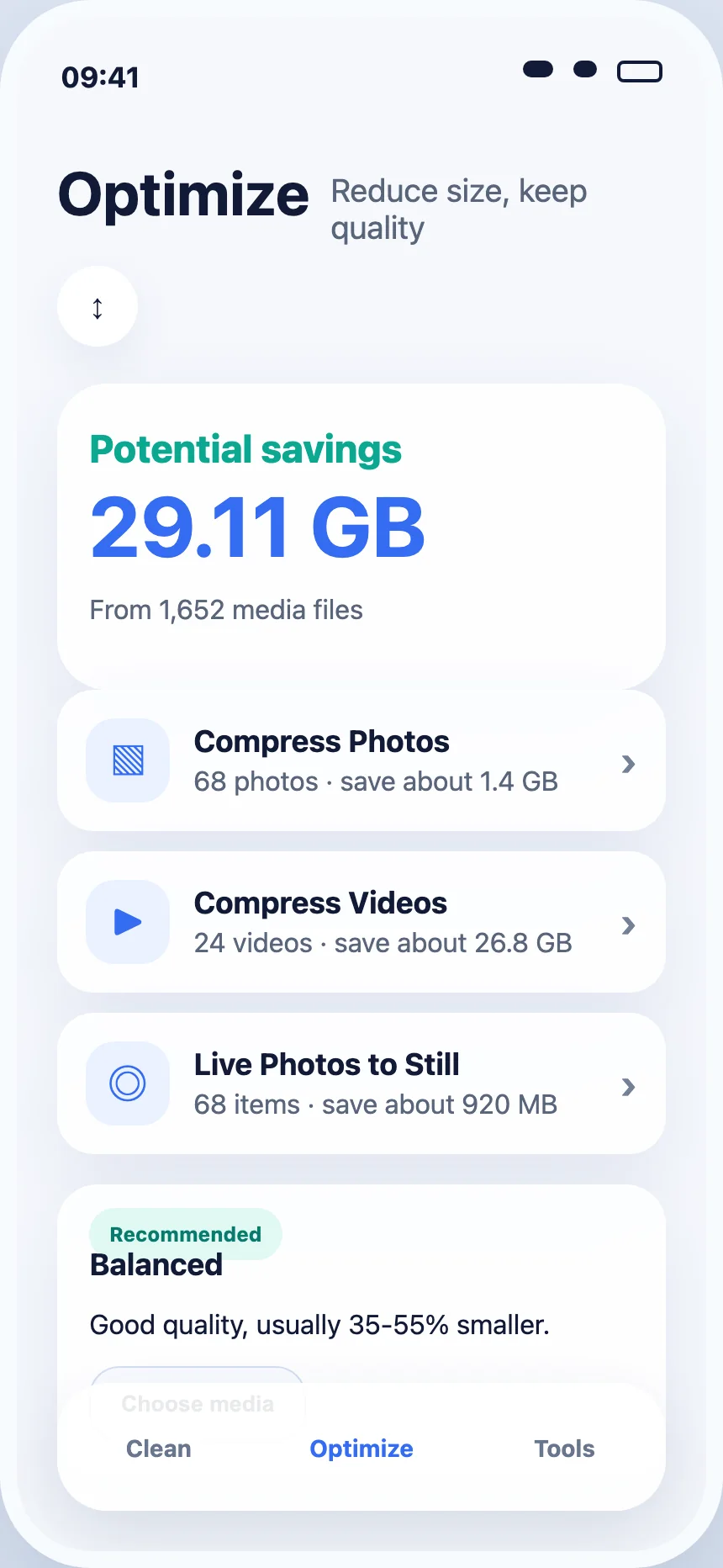 Photo and video compression screen in Safli AI