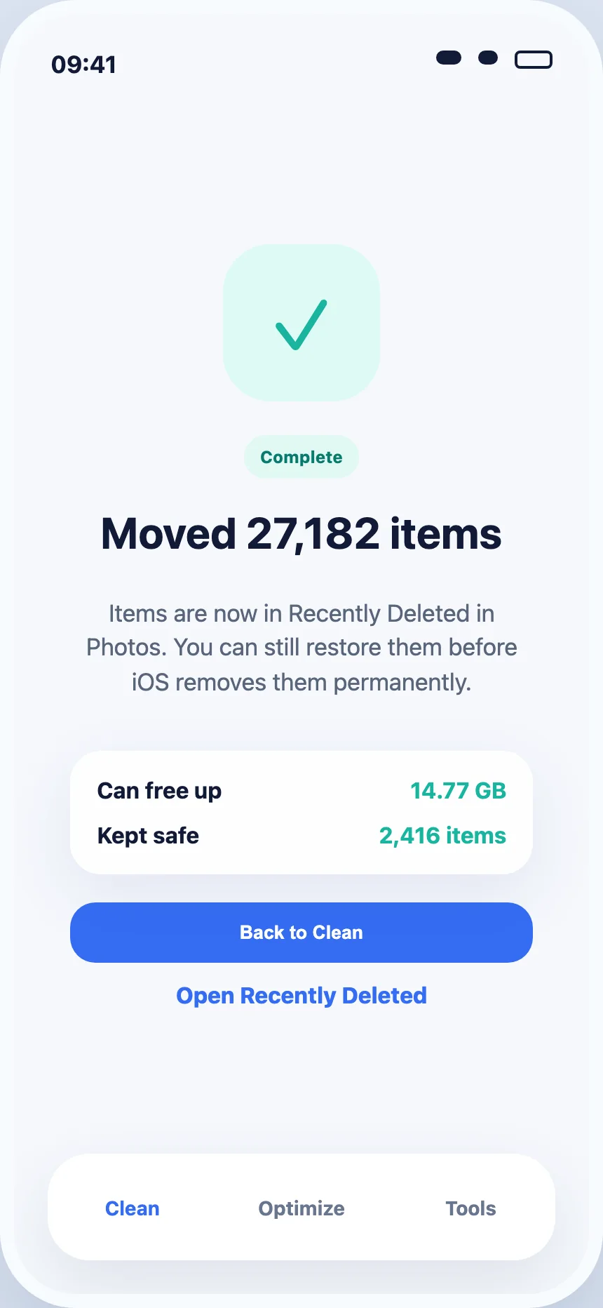 Safli AI cleanup result screen in English