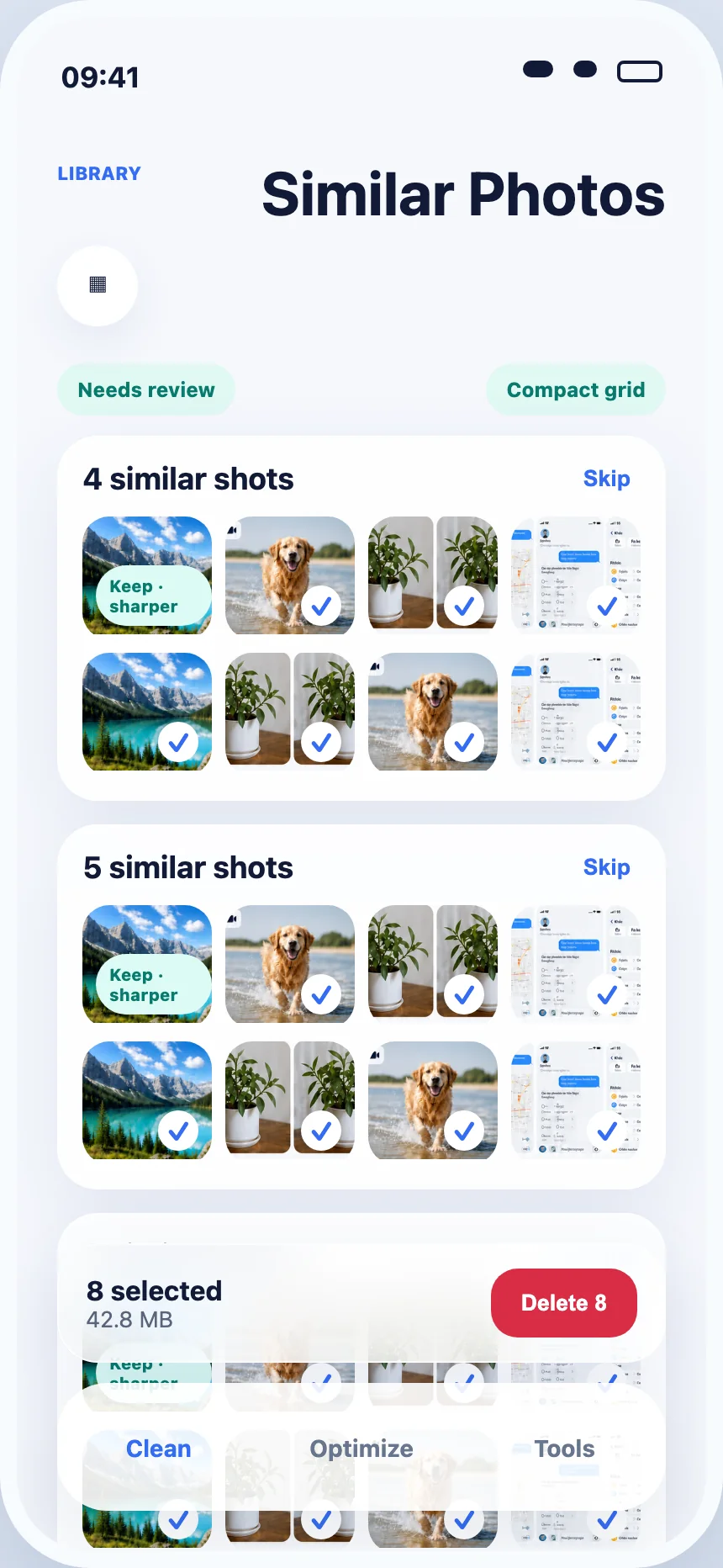 Compact grid review mode in Safli AI