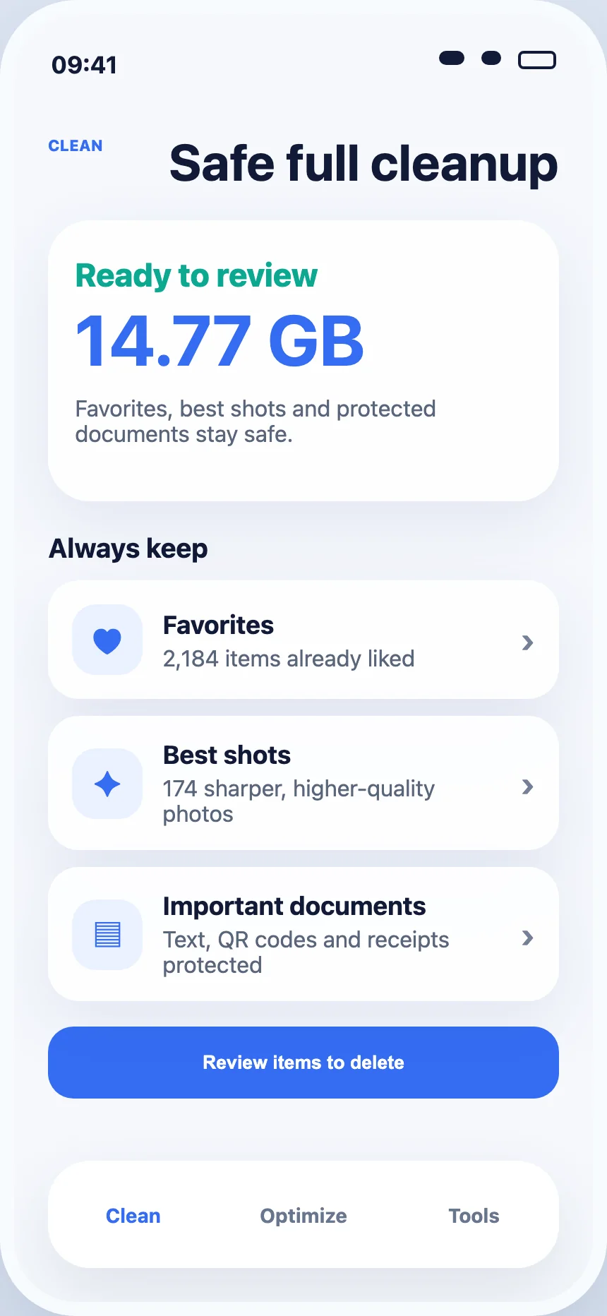 Safe full cleanup review screen in Safli AI