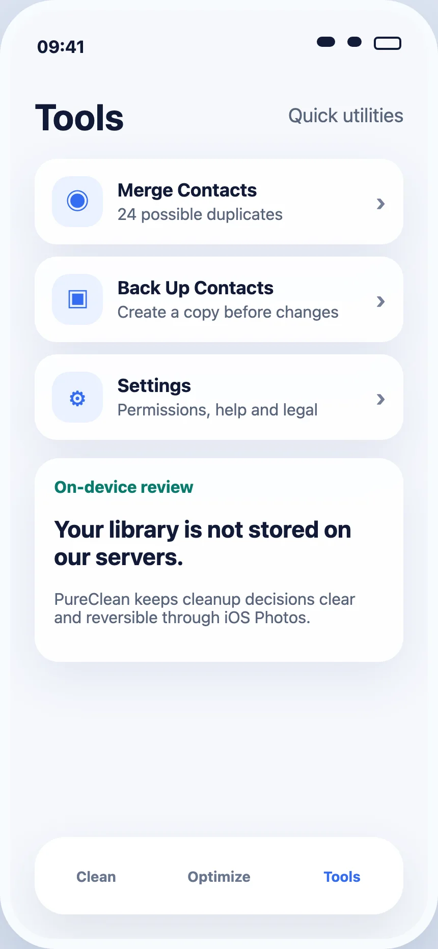Tools screen in Safli AI